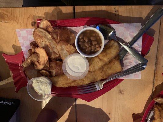 Walleye, chips, BBQ beans, tartar, ranch