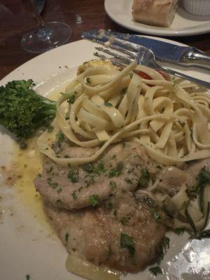 Veal Piccata with broccoli and squash casserole.