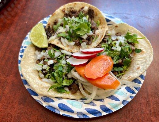 2 Carne Asada tacos & 1 Cabeza taco on homemade tortillas