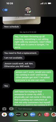 texts firing an employee whom was sick