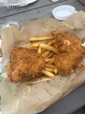 Halibut and chips (half eaten bc it was so good I couldn't let the phone eat first)