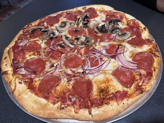 Pepperoni pizza, half onion and half mushroom