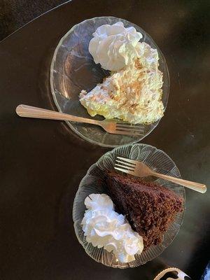 Coconut cream pie and a chocolate cake. The desserts here are top notch. They change each week they're made fresh. Delicious