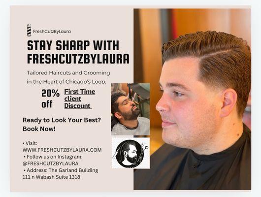 "Introducing FreshCutzByLaura - offering modern men's haircuts, tailored beard grooming, hot lather shaves, and expert grey blending.