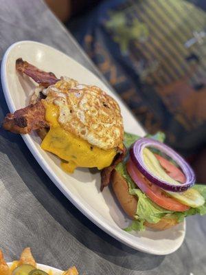 Bacon cheese burger (he added an egg)