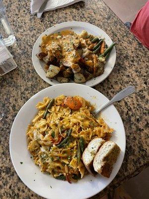 Shrimp pasta and snapper with potatoes and veggies