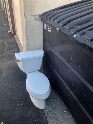 Old toilet placed in condo alley. NOT removed as agreed to (this is not a landfill) I can be fined for this.