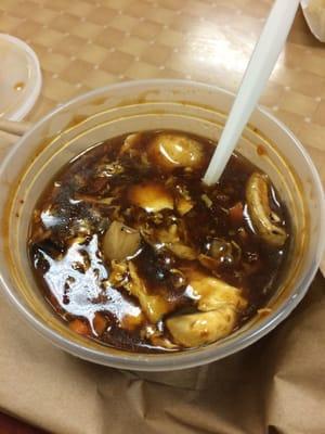 Hot n sour soup. Really good just a little thicker than I'm use to and they use reg sliced mushrooms as well