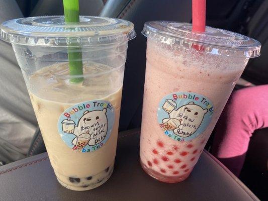 Brown Sugar Milk Boba with Tapioca pearls and Strawberry Slush with Strawberry pearls