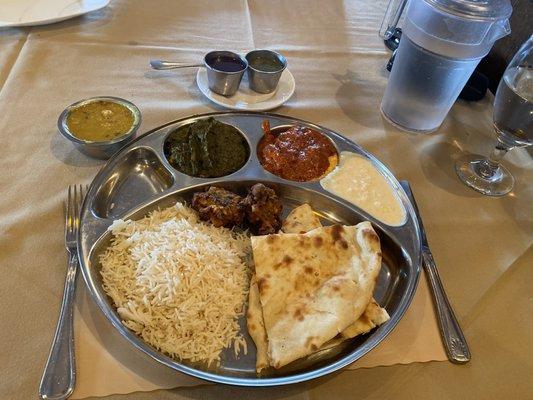 Chicken Tikka Masala, Saag Paneer, Yellow Dal. Served with Rice, Pakora & Naan