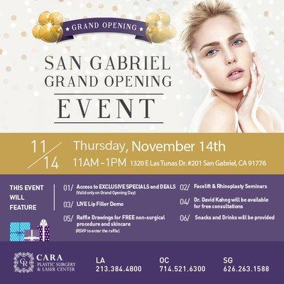 Come & Join us to celebrate our New Location Opening for CARA Plastic Surgery & Laser Center in SAN GABRIEL!