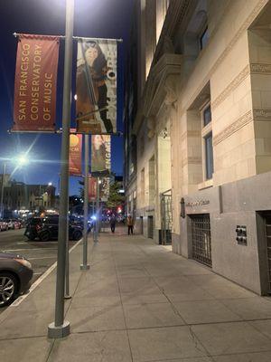 At night outside of building