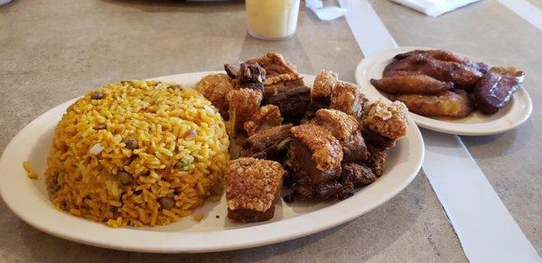 Chicharron Combo...Arroz con Gandules y Maduro Frito