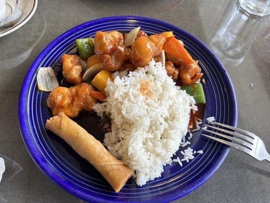 Sweet & Sweet And Sour Pork lunch special. Soup, entree, spring roll, rice for $18.