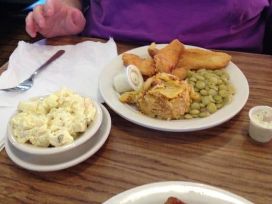 Fried flounder with Limas, macaroni casserole and potato salad. Flounder was delicate, even after being fried!