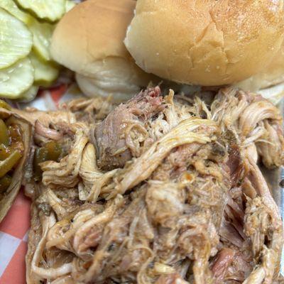 Pulled pork - a BBQ staple and oh so good. Eat it on the bun with coleslaw!