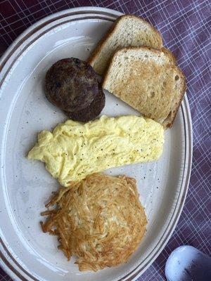 Scrambled eggs, hashbrowns, sausage