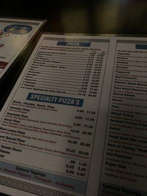 Pizza menu