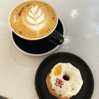 Red cappuccino and chai doughnut