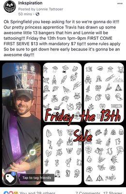 FRIDAY THE 13th Apprentice TATTOOS! 13$ Tattoos with a mandatory $7 Tip.