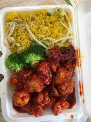 My lunch special: General Tao s chicken $6.50. Oily typical American Chinese food.