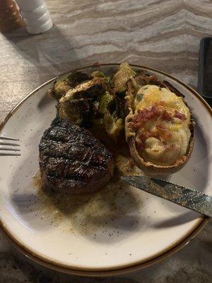 Mid rare Filet w/ Twice Baked Potato and Brussels