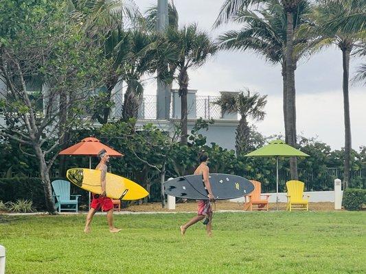 Popular beach with surfers.