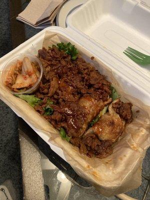 Mandu with meat on top (beef bulgogi and spicy pork mandu). Incredible!