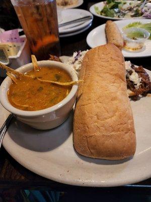 Pulled pork sandwich with chicken tortilla soup