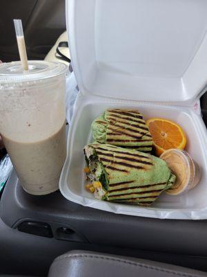 I got the peanut butter almond protein shake and chicken salad healthy wrap omg so bomb