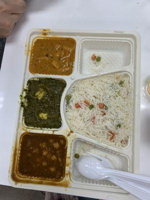 Curry combo with rice and naan! I enjoyed the red/brown and yellow curries but not so much the paneer. Rice and naan was great though!