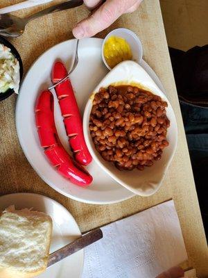 Homemade beans with hot dogs