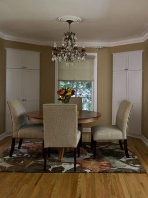 Photo courtesy of Lori Mounts, KSI Designer. Custom built-in dining room cabinetry. Merillat Classic Portrait in Cotton.