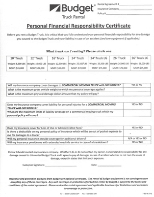 Insurance Liability Form with very bizzare questions, not seen from other truck rental companies.