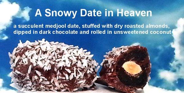 Mejool date , stuffed with almonds, dipped in dark chocolate, rolled in unsweetened coconut