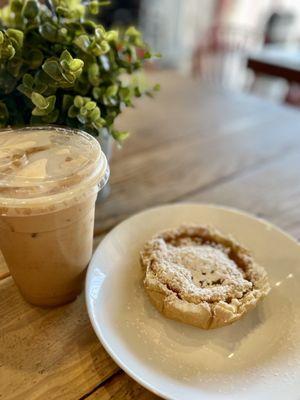 Tres leche latte and apple tart. Alternative milks available.