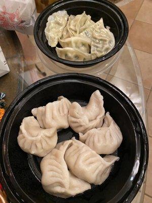 Vegetable dumplings on top (best) and meat on bottom of photo.