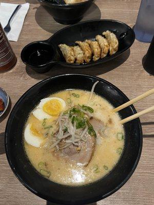 Tonkotsu ramen with boiled egg and side of gyoza. Not pictured, side of kimchi.