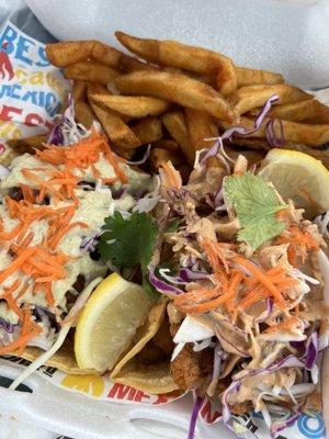 Fish Tacos and seasoned fries