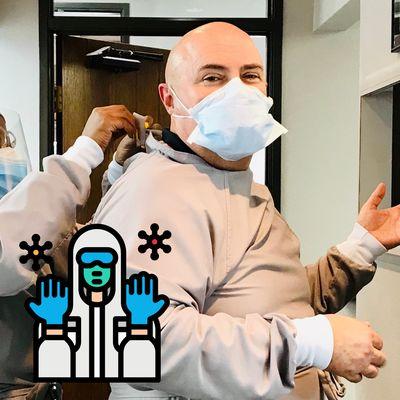 Dr. Wyatt gearing up in his PPP for COVID Safety. We are a COVID Safe Flower Mound Dental Practice.