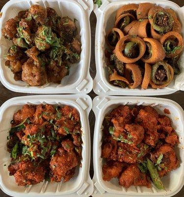 Top left: Gobi Manchurian Top right: Cut Mirchi Bottom: Gobi 65