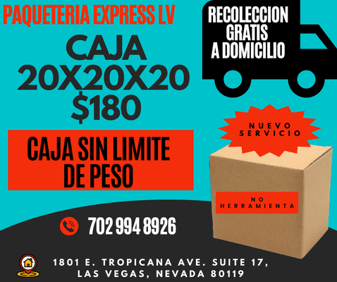 Caja sin limite de peso 20x20x20 $180.00
Recoleccion a domicilio GRATUITA