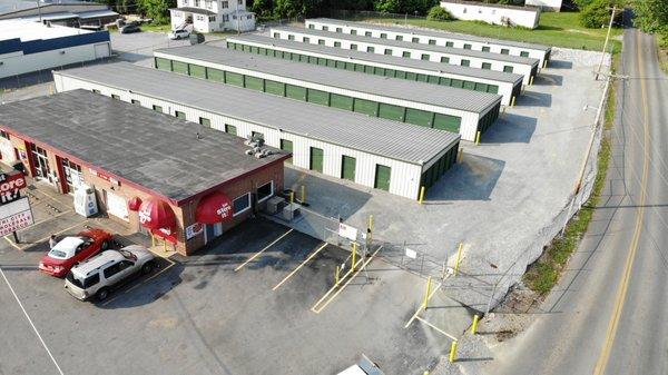 Aerial showing the drive-up drop off ambient storage units