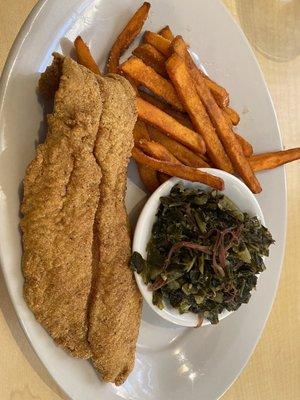 Cajun fried catfish with collard greens and sweet potatoe fries