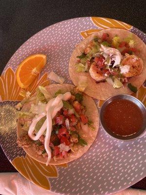 Two tacos, shrimp and chicken