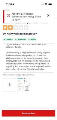 Yelp error message - Failed to post review.
