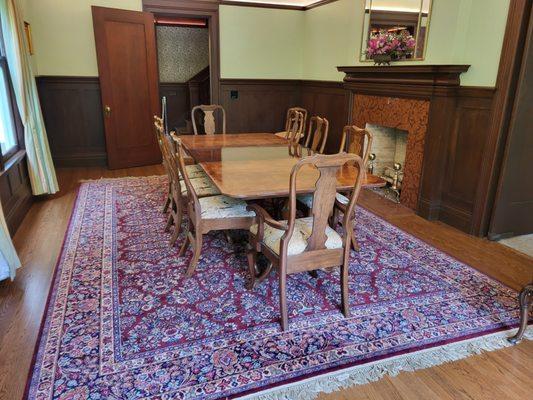 Formal dining room of Gambe Garden House's  refinished , historic,  white oak  hardwood flooring.