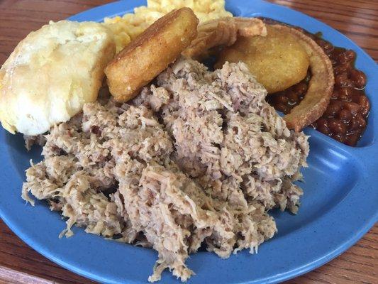 BBQ, Mac n cheese, beans, fatback, fried cornbread, and biscuits.