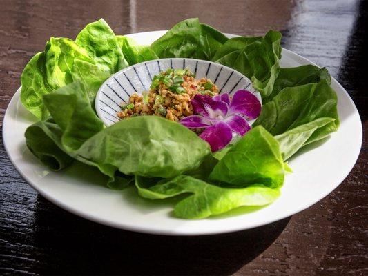 Wok-fried minced chicken with lava sauce red onion, cilantro, mint, lemongrass, served with butter lettuce.