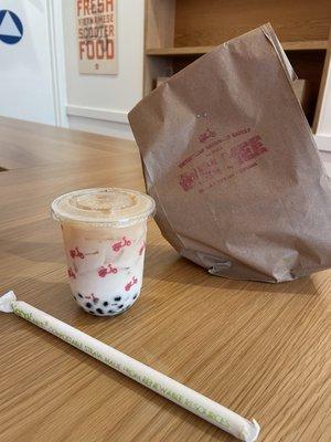 Golden tea boba & sandwich in a bag